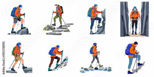 Vector illustrations of hikers and mountaineers in orange gear trekking through diverse rocky landscapes, crossing streams, and climbing cliffs with backpacks and poles.