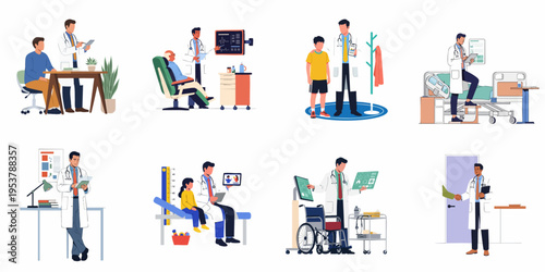 A collection of flat vector illustrations depicting professional male doctors consulting with diverse patients and using digital technology in various clinical and hospital settings.