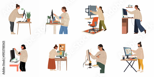 Vector illustrations of a woman working at various ergonomic home office setups, including standing desks, multi-monitor configurations, and creative workstations.