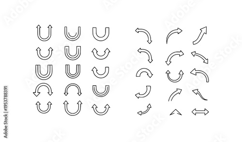 Minimal arrow icon collection with thin line U shaped downward arrows and smooth curved direction signs