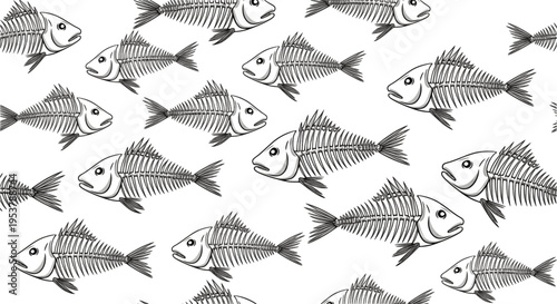 Seamless Pattern of Green Fish Skeletons on White Background
