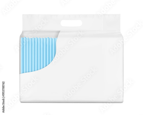 Realistic stand bag with changing mats inside mockup. Front view. Vector illustration isolated on white background. Suite for the presentation of diapers, wet wipes, pants changing mats. EPS10.