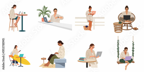 Flat illustration set of a female digital nomad working on a laptop in various tropical and beach environments, symbolizing remote work and freedom.