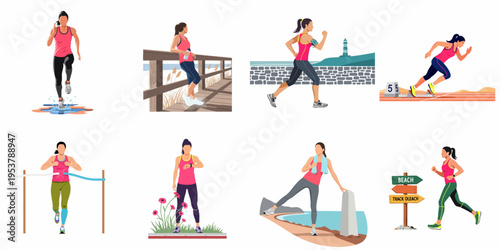 Collection of flat design illustrations of a female athlete running, jogging, and training in different outdoor environments like the beach and track.