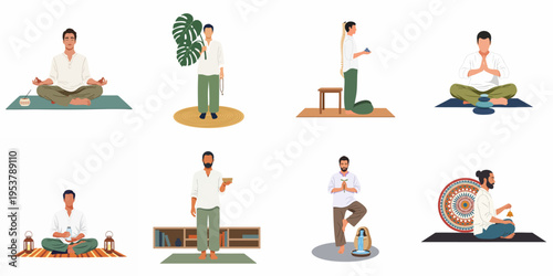 Set of illustrations depicting a man practicing various forms of meditation, yoga, and mindfulness to achieve inner peace and holistic wellness.