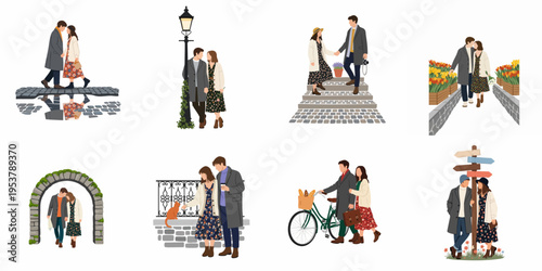 Collection of flat vector illustrations featuring a young romantic couple enjoying various activities in scenic outdoor environments.