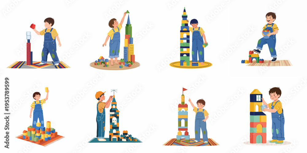 Fototapeta premium Set of illustrations depicting a young boy creatively building tall towers and structures with colorful toy blocks on various carpets.