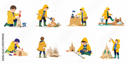 Set of illustrations featuring a boy in a yellow raincoat and boots building sandcastles and playing on the beach.