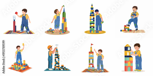 Set of illustrations depicting a young boy creatively building tall towers and structures with colorful toy blocks on various carpets.