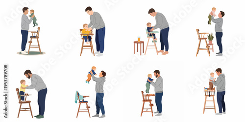 Set of flat vector illustrations depicting a father feeding, playing with, and caring for his baby in and around a high chair.