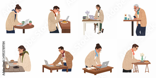 Set of illustrations showing diverse people working on laptops in cozy home or cafe settings, wearing warm cardigans and stylish accessories.