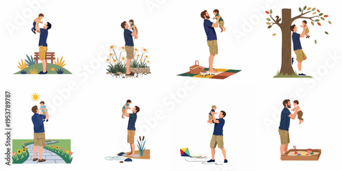 Vector illustration set depicting a father bonding with his baby in various outdoor settings, celebrating parenthood, love, and childhood.