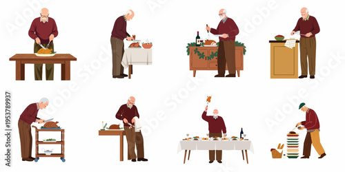 Set of illustrations depicting an elderly man preparing, carving, and serving a roasted turkey for a festive holiday dinner celebration.