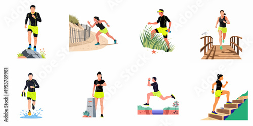 Collection of illustrations featuring men and women trail running and exercising in various outdoor natural environments.