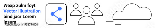 Cloud computing, network sharing, data transfer, teamwork, digital communication, virtual collaboration. Features sharing icons, user icons and a cloud shape. Cloud computing and network sharing