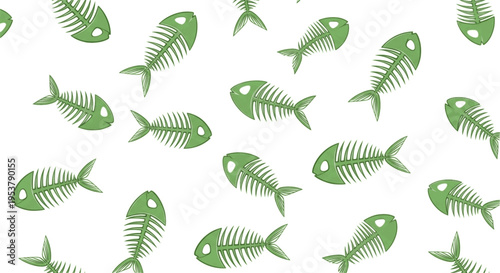 Seamless Pattern of Green Fish Skeletons on White Background

