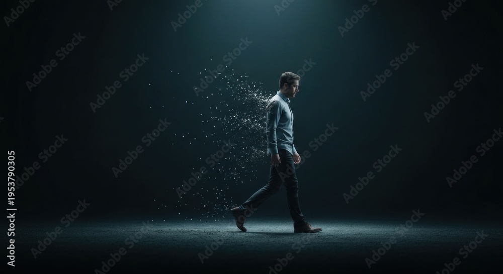 Fototapeta premium Man walking, dissolving into particles