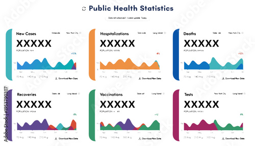 A vector graphic illustration of public health statistics with colorful infographics and charts on a white background