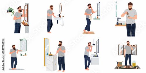 Set of flat vector illustrations showing a bearded man's morning grooming and skincare routine in various bathroom settings.