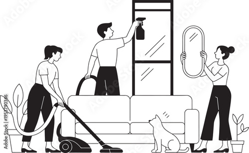 Three people cleaning a room with a dog