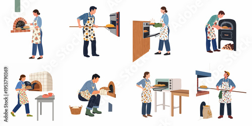 A collection of flat illustrations featuring men and women in floral aprons baking fresh bread using various traditional and modern ovens.