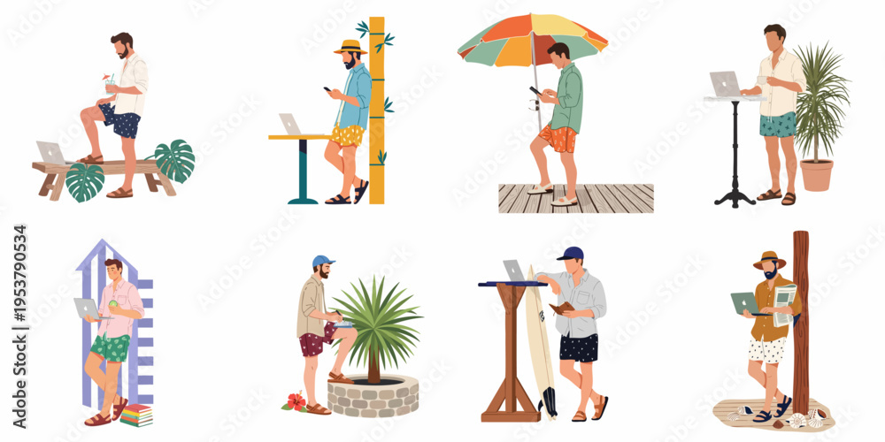 Fototapeta premium Collection of men working as digital nomads in tropical vacation settings using laptops and smartphones, flat vector illustration isolated on white background