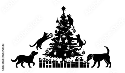 Christmas Cats and Dogs Black Silhouette Holiday Scene Vector Illustration