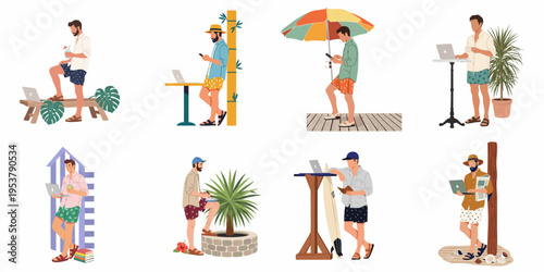 Collection of men working as digital nomads in tropical vacation settings using laptops and smartphones, flat vector illustration isolated on white background
