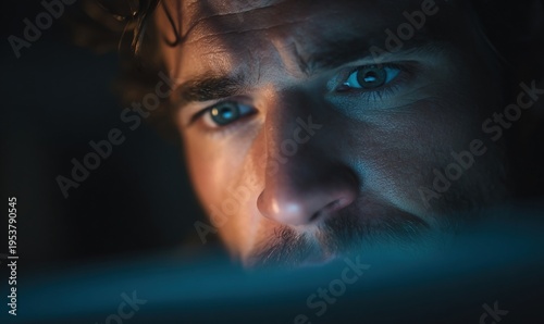 Focused man's eyes illuminated by blue screen glow