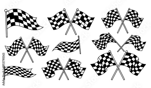 Race Flag Vector Icon Set Black and White Motorsport Checkered Flags