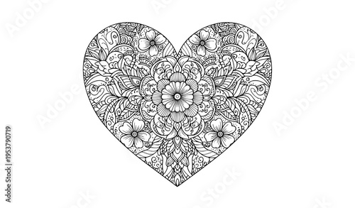 Heart Shaped Love Mandala Black and White Doodle Vector Illustration