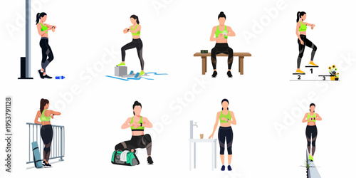 Set of flat vector illustrations of a woman in sportswear checking her smartwatch in various gym and outdoor training scenarios.