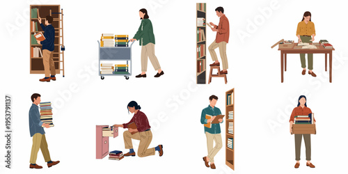 Set of diverse people working in a library, organizing books, filing documents, and managing archives in a clean flat vector illustration style.