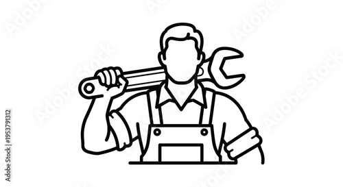 Mechanic with wrench on shoulder.