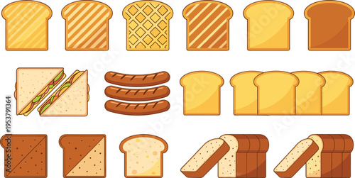 Collection of bread types including toast slices sandwich loaf and bakery products isolated flat vector illustration food set