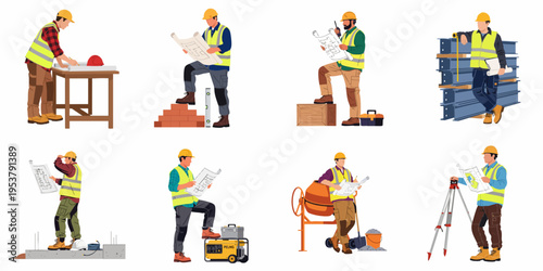 Set of flat illustrations featuring construction workers, engineers, and architects in safety gear with blueprints and equipment on a white background.