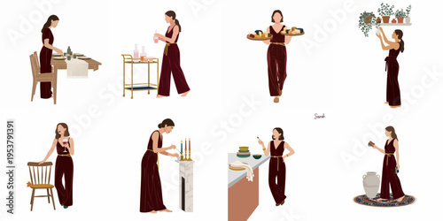 Minimalist illustrations of a woman in a burgundy jumpsuit hosting and enjoying various activities at home, including dining, decorating, and entertaining guests.