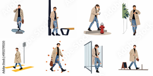 A series of illustrations showing a stylish man in a beige trench coat navigating various daily urban activities during the autumn season.