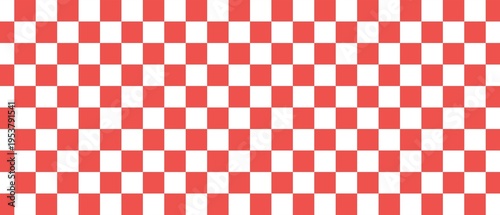 ​Red and white checkerboard pattern background. Wide checkered seamless texture for racing flags, diner decor, tablecloths, and bold fabric designs. Simple geometric square wallpaper.