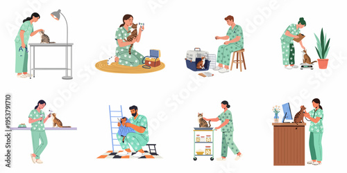 Collection of veterinarian illustrations showing male and female professional doctors providing various medical care and health checkups for domestic cats in a clinic.