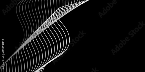 Black and white abstract background featuring a vector wave pattern with elegant metal texture and curved line art for a decorative illusion backdrop
