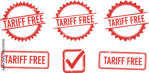 Set of 5 red grunge tariff free stamps and checkmark vector icons for business