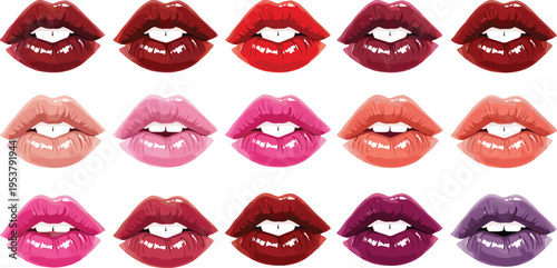 Collection of glossy lips with different lipstick shades isolated on white background beauty makeup vector illustration set
