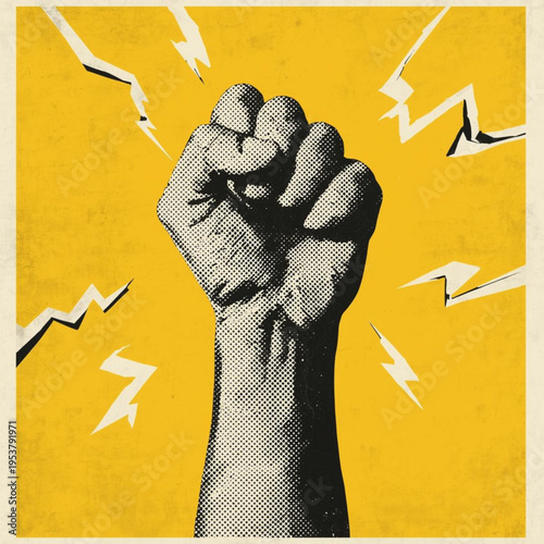 A clenched fist raised in defiance, symbolizing power, protest, and the spirit of revolution against a vibrant yellow backdrop with lightning bolts.