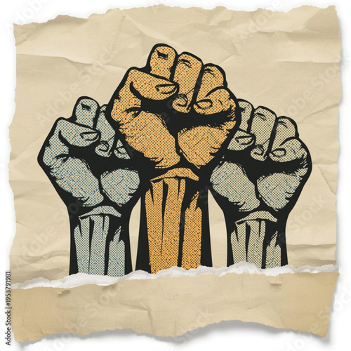 Three clenched fists raised in solidarity, symbolizing unity, strength, and collective action against a distressed paper background.