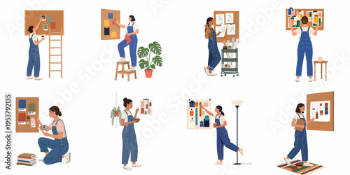 Set of vector illustrations depicting a creative female designer working on mood boards, color palettes, and artistic projects in a studio environment