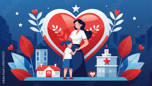 A mother and daughter standing together in front of a large heart symbol in a stylized city scene