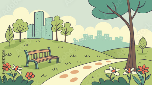 A serene city park featuring a wooden bench on a grassy hill with stone path and urban skyline view