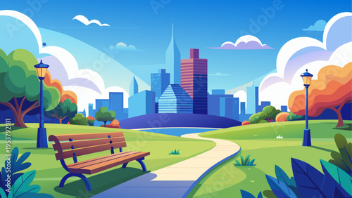 A serene public park with a wooden bench along a winding pathway under a clear blue summer sky