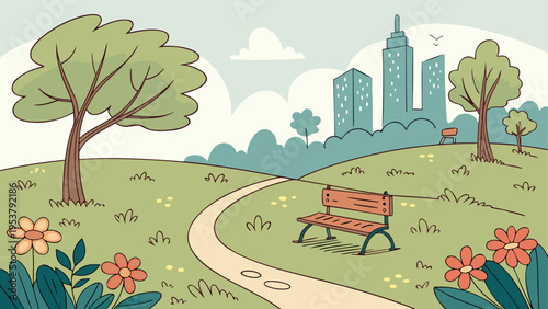 A serene city park featuring a winding path and a wooden bench with tall skyscrapers in background